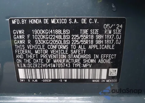 2025 Honda Hr-V Awd Sport from USA, damaged, VIN 3CZRZ2H54SM705743